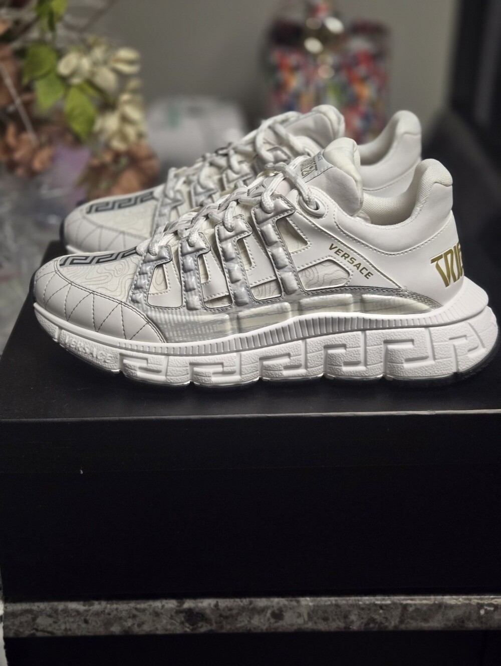 Versace White Men's Greek Key-Trim Sneakers